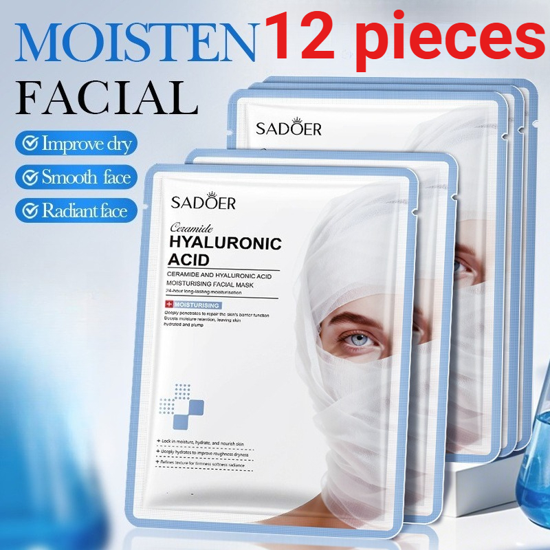 Ceramide Moisturizer - 12枚入り SADOER セラミド保湿フェイシャルマスクシートセット 鎮静効果のあるアンチエイジングスキンケア カフェイン配合 ブライトニングフェイスマスク